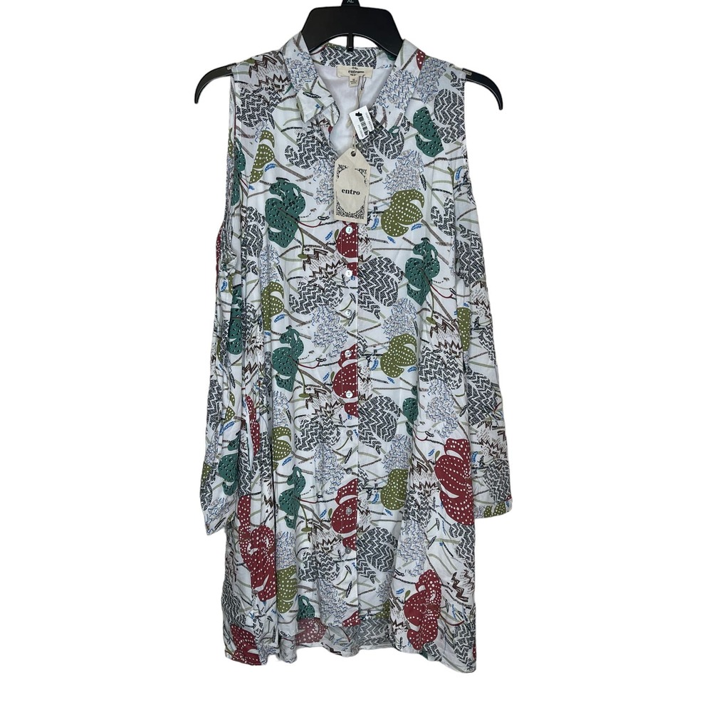 Entro Women's Shirt Dress Button-Up Midi Floral Collar Cold Shoulder Medium NWT